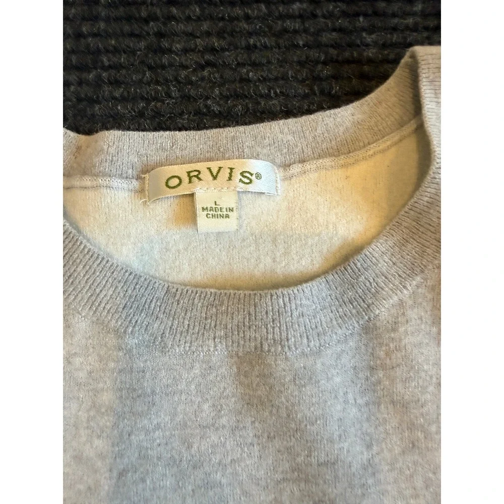 Orvis Womens Grey Cream  Stepped Hem‎ Crewneck Sweater Size Large L